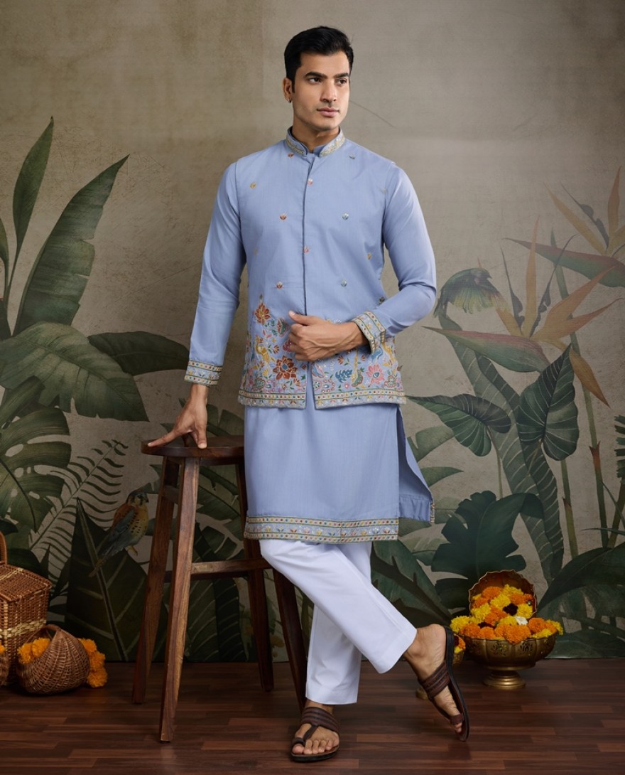 61237-blue - Sky Blue Men's Kurta Koti Set – Stylish & Elegant